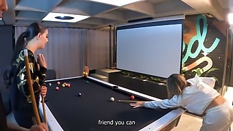 Three Stunning Brunettes Indulge In An Ffm Encounter On A Pool Table