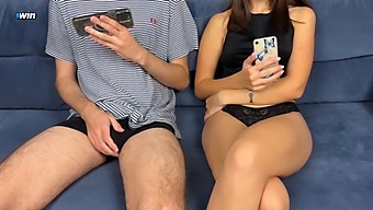 Stepbrother Joins Stepsister In Watching Porn And Masturbating, But She Surprises Him With A Handjob And Blowjob, Leading To A Fingering Orgasm